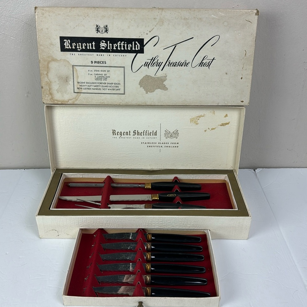 Vtg Regent Sheffield 9 pc Cutlery Treasure Chest 24kt Gold Trim Stainless Steel